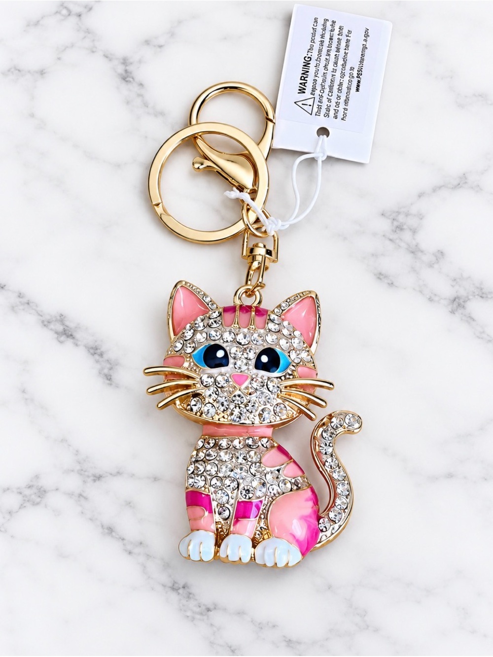Crystal Cat Keychain Bag Charm - Pink Gold Accent